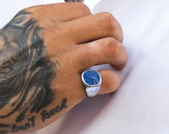 Zilveren Lapis Lazuli Ring - Mens Pinky Ringen - Grote Zilveren Edelsteen Ring - Heren Signet Ring - Royal Blue Square 18K Gold Signet Ring Mannen