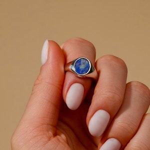 Silver Lapis Lazuli Gemstone Ring - Silver Signet Ring - Womens Ring - Blue Gemstone Signet Ring Women - 18K Gold Plated Pinky Rings For Her