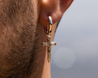 Mens Earring - Dangle Earring - Dagger Cross Earrings For Men - Silver Hoop Earrings with Sword / Dagger Dangle - Unique Gold Earrings Men