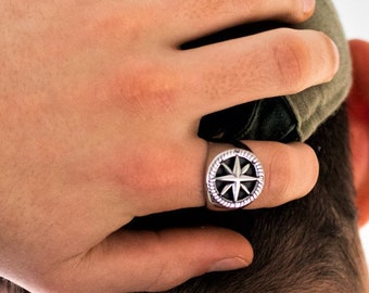 Mens Compass Ring, Silver Signet Rings for Men, Heavy Steel Mens Compass Ring, Silver Signet Rings for Men, Heavy Steel