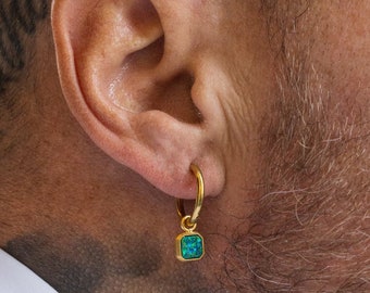 Mens Dangle Earrings - Mens Gold Earring - 18K Gold Opal Square Dangle Earring - Steel Hoop Earrings - Mens Jewelry - By Twistedpendant