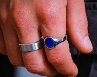 Lapis Lazuli Blue Signet Ring, Blue Stone Ring, Mens Silver Ring