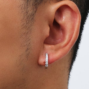 Créoles en argent pour homme Boucles d'oreilles en or blanc et diamants CZ - Créoles pour homme de 15 mm en argent sterling 925, cadeaux bijoux pour homme - Pendentif torsadé