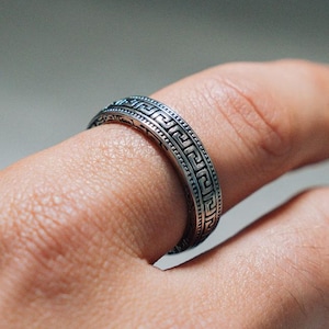 Mens Ring - Thin Greek Key Band Ring For Men, Silver Roman Pattern Ring - Greek Mythology Ring, Detailed Silver Ring Men - By Twistedpendant