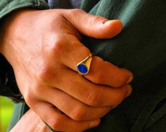 Lapis Lazuli Signet Ring Heren, Mens Pinky / Index Ring, 18K Gold Signet Ringen voor mannen, Heren Zilveren Signet Ring, Man Sieraden Geschenken Edelstenen