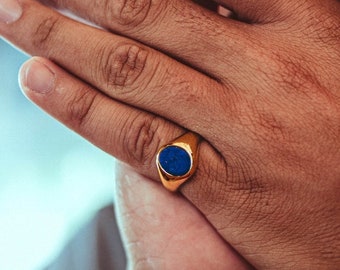 18K Gold Signet Ring Men, Lapis Lazuli Mens Pinky Ring, Gemstone Signet Ring, Gold Rings for Men - Mens Rings - Mens Jewellery Gifts UK