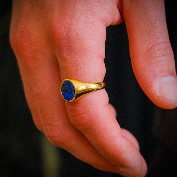 Lapis Lazuli Gold Siegelring, Goldringe für Männer, 18k Goldring schwer, Herrenring Pinky, Stahlring mit blauem Stein, Rock Blue Ring, Unisex Ringe