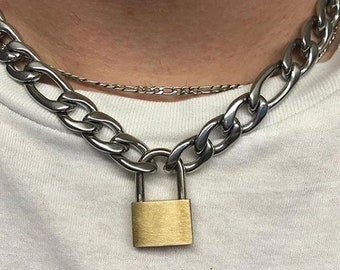 Padlock Necklace, Mens Necklace, Real Padlock Silver Chains For Men, Padlock Choker Necklace Men, Thick Silver Choker Chain Necklace