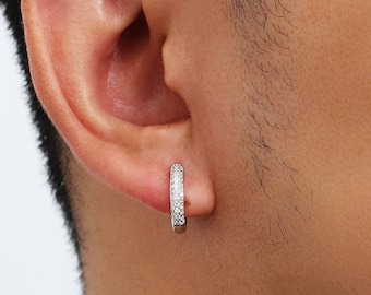 Mens Silver Hoop Huggie Earrings CZ White Gold Diamond Earrings - 925 Sterling Silver 15mm Mens Hoop Earrings