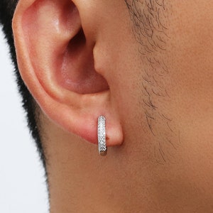 Mens Silver Hoop Huggie Earrings CZ White Gold Diamond Earrings - 925 Sterling Silver 15mm Mens Hoop Earrings