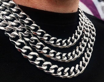 Silver Chain Necklace, Silver Cuban Chain 13mm Thick Stainless Steel Mens Silver Chain - By Twistedpendant