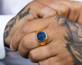 Mens Ring - 18K Gold Lapis Lazuli Ring - Pinky Ring - Signet Ring Men - Gold Signet Ring - Large Gold Rings For Men - Jewelry Gifts for Men