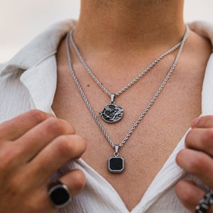 Mens Necklace, Dragon Necklace For Men, Onyx Gemstone Mens Pendant Necklace, Silver Necklace Men - Jewellery Gift Set, Mens Jewelry Charms