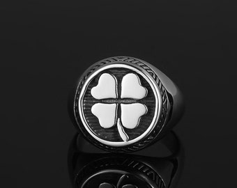 Mens Ring - 4 Leaf Clover Ring - Silver Signet Ring - Lucky Ring - Mens Silver Ring - Mens Pinky Rings - Mens Jewellery - By Twistedpendant