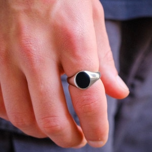 Black Onyx Signet Silver Ring - Mens Ring, Onyx Ring - Signet Ring Mens - Rings for Men, Stainless Steel Ring, 18K Gold Signet Band Ring