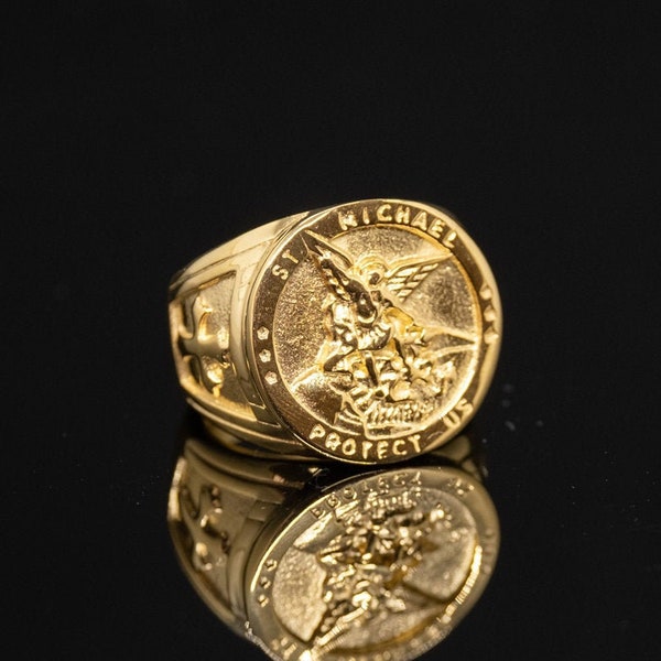 Mens Ring Gold St Michael Ring Signet Sovereign - Rings for Men, Large Gold Religious Sovereign Ring - Mens Biker Ring By Twistedpendant