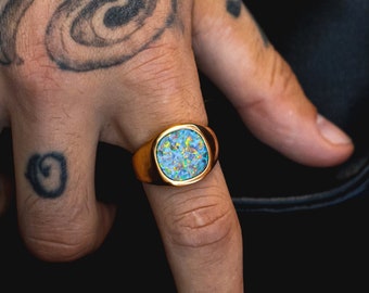 Mens Ring - Large Opal Gold Ring - Signet Ring Mens - 18K Gold Signet Ring- Gold Rings for Men - Gold Pinky Ring - Onyx / Lapis Gem Ring