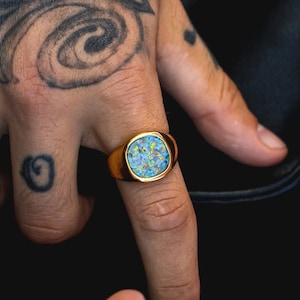 Anillo para hombre - Anillo grande de oro con ópalo - Anillo de sello para hombre - Anillo de sello de oro de 18 quilates - Anillos de oro para hombre - Anillo de oro para el meñique - Anillo con gema de ónix/lapislázuli