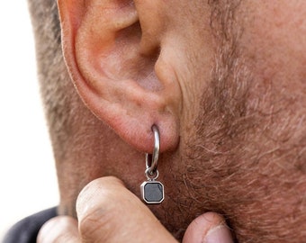 Pendiente colgante de ónix negro - Pendientes para hombre - Pendiente de ónix negro y plateado - Pendientes colgantes de aro de plata con piedra preciosa de ónix - Pendiente de aro para hombre