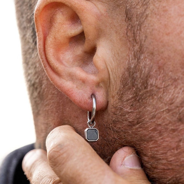 Boucle d'oreille pendante en onyx noir - Boucles d'oreilles pour homme - Boucle d'oreille en onyx noir et argent - Créoles en argent avec pierre précieuse d'onyx - Boucle d'oreille pour homme