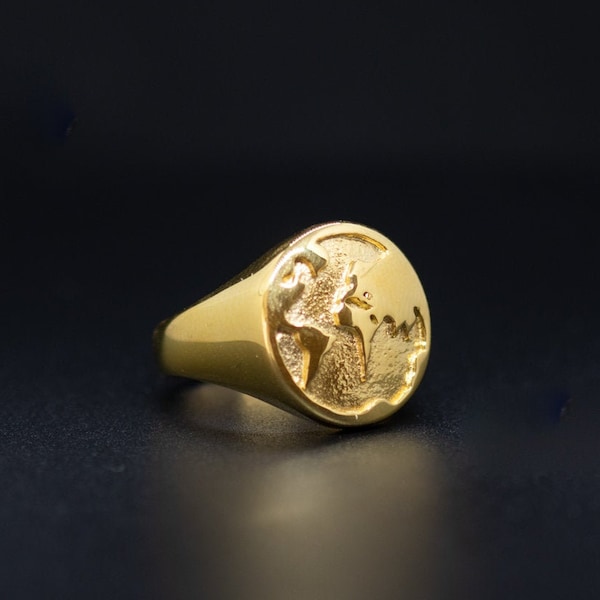 Anillo para hombres, anillo con estilo mapa del mundo oro - anillo de sello de oro de 18 k hombres - anillo meñique de oro para hombres - anillo de hombre- anillo de sello de oro- joyería de los hombres