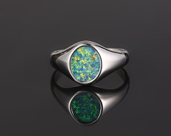 Mens Ring Green Opal Silver Ring - Opal Ring - Signet Ring Mens - Silver Signet Ring- Silver rings for Men - Rings Opal Jewelry Gift Him