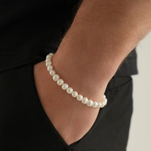 Mens Pearl Bracelet - Mens Bracelets - 6mm Freshwater Pearl Bracelets For Men - Mens Silver Adjustable Chain Bracelet - Mens Jewellery Gifts