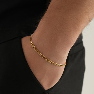 Pulseira Curb de ouro 18K de 3 mm para homens, pulseira de ouro ajustável, corrente de pulseira de ouro masculina, pulseira de ouro fina e minimalista da Twistedpendant