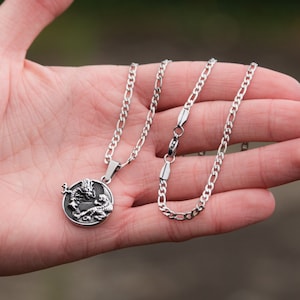 Mens Silver Necklace Pendant Ying Yang Dragon & Tiger Pendant Necklace Stainless Steel, Mens Necklace Pendants for Men, Gifts For Him / Man image 3