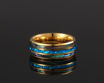 Herrenring - 18K Gold Feueropal Bandring - Herren Gold Stahl Ring - Herren Blau Opal Ring - Goldringe für Herren - Herrenschmuck Von Twistedpendant