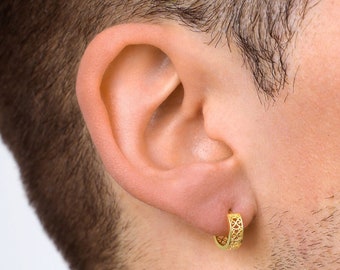 Mens Earring - Gold Plated Hoop Earrings For Men - Small Huggie Earring - Gold Patterned Earring - Mens Hoop Earring By Twistedpendant