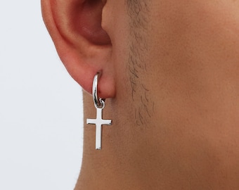 Mens Earrings - Silver Cross Earrings Men - Mens Silver Dangle Hoop Earrings - Sterling Silver Dangle Cross Earring - By Twistedpendant