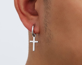 Boucles d'oreilles pour hommes - Boucles d'oreilles croix en argent pour hommes - Créoles pendantes en argent pour hommes - Boucles d'oreilles pendantes croix en argent sterling - Par pendentif torsadé