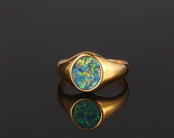 Mens Ring Green Opal Gold Ring - Opal Ring - Signet Ring Mens - 18K Gold Signet Ring- Gold rings for Men - Gold Rings Opal Jewelry Gift Him