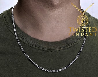 Silver Necklace Chain Choker Cuban Curb 3mm Stainless Steel Necklace For Men, Silver Cuban Chain Men, Silver Initial Chain By Twistedpendant