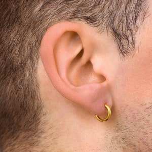 Mens Earrings, 12mm Gold Hoop Earrings - Stainless Steel Gold / Silver Hoop Earrings For Men, Thick Small Huggie Earrings, Mens Jewelry