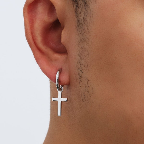 Boucles d'oreilles pour hommes - Boucles d'oreilles croix en argent pour hommes - Créoles pendantes en argent pour hommes - Boucles d'oreilles pendantes croix en argent sterling - Par pendentif torsadé