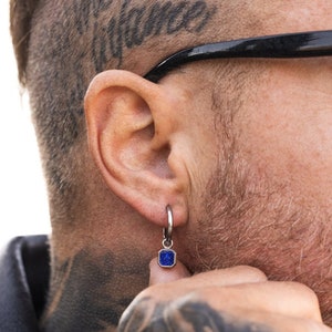 Lapis Lazuli Dangle Earring - Mens Earrings - Blue & Silver Dangle Earring - Silver Hoop Dangle Earrings with Gemstone - Mens Hoop Earring