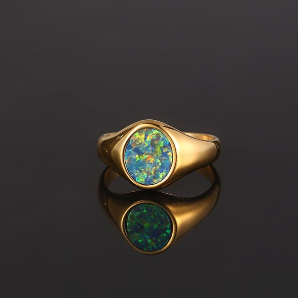 Mens Ring Green Opal Gold Ring - Opal Ring - Signet Ring Mens - 18K Gold Signet Ring- Gold rings for Men - Gold Rings Opal Jewelry Gift Him