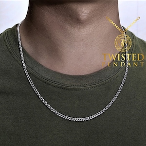 Silver Necklace Chain Choker Cuban Curb 3mm Stainless Steel Necklace For Men, Silver Cuban Chain Men, Silver Initial Chain By Twistedpendant