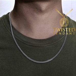 Silver Necklace Chain Choker Cuban Curb 3mm Stainless Steel Necklace For Men, Silver Cuban Chain Men, Silver Initial Chain By Twistedpendant