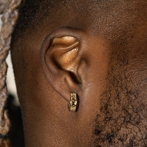 Mens Hoop Earrings Mens Patterned 18K Gold Hoops 12mm Gold Huggie