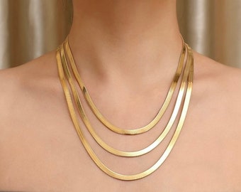 18K Gold Snake Chain Necklace, 5mm Flat Snake Layer Necklace Gold Chain, Gold Choker Necklace, Gold Herringbone Chain, 18K Gold Jewelry