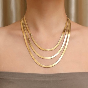 Collier chaîne serpent en or 18 carats, chaîne en or de collier serpent plat de 5 mm, collier ras du cou en or, chaîne à chevrons en or, bijoux en or 18 carats
