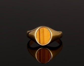 Mens Ring Tigers Eye Gold Ring - Tiger Eye Ring - Signet Ring Men - 18K Gold Signet Ring - Gold Rings for Men - Gold Pinky Ring - V3