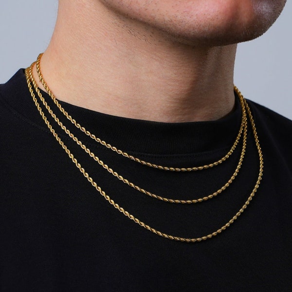 Gold Rope Chain Necklace 2.5mm Mens Gold Chain Twisted Rope Link Chain, 18K Gold Plated Stainless Steel Chains for Men - Mens Silver Chains