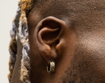 Mens Earrings - Mens Vintage Greek Hoops, 12mm Gold Patterned Earrings, Mens Gold Earrings, Thick Gold Hoops For Men - Minimalist Earrings