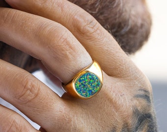 Mens Ring Green Opal Gold Ring - Signet Ring Men - Opal Ring - 18K Gold Signet Ring - Gold Rings for Men - Mens Pinky Ring - Mens Jewellery