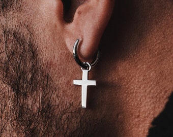 Mens Earring - Silver Cross Earrings Men - Mens Cross Earrings - Sterling Silver Dangle Cross Earrings On Silver Hoop - Mens Jewellery