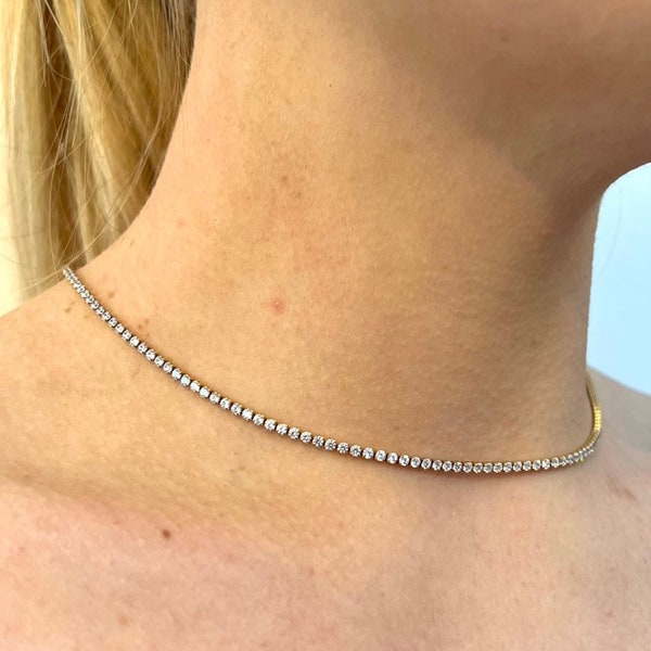 18K Gold Diamond Tennis Necklace 2mm, Thin Gold Chain Necklace, Womens Gold Chain, Dainty Gold Diamond Tennis Necklace For Women